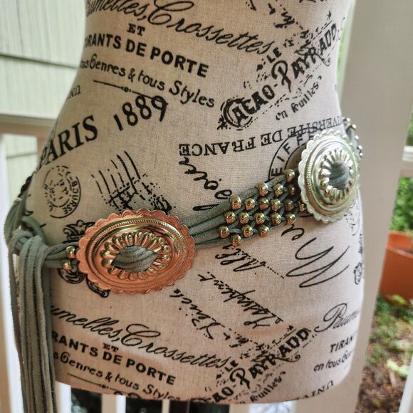Vtg Silver-tone Conchos and Light Blue Suede Belt with Tassles and Silver Beads main image 5